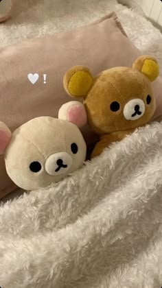 two teddy bears laying on top of a blanket