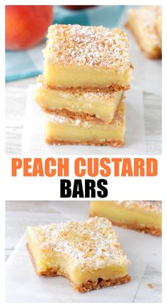 peach custard bars stacked on top of each other with the words peach custard bars below