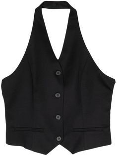 black wool halterneck front button fastening two front welt pockets cropped Fitted Wool Vest Top, Elegant Black Wool Vest, Fitted Vest With Button Closure For Work, Formal Vest With Pockets, Chic Tailored Wool Vest, Elegant Sleeveless Wool Top, Fitted Wool Vest With Notch Lapel, Black Sleeveless Wool Top, Chic Sleeveless Wool Top