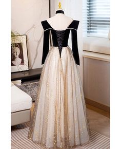 Get 10% off now! Buy off shoulder long sleeved velvet and tulle formal dress at cheap price online. Free stable shipping and pro custom service since 2009. Prom Dresses Sparkle, Dresses Sparkle, Prom Dresses Long Black, Shine Dress, Dress Engagement, Multi Way Dress, Velvet Prom Dress, Dresses Quinceanera, Prom Dresses Two Piece