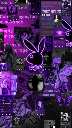 the collage is made up of purple images and black and white text, including an image of a rabbit