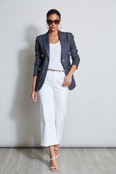 Slightly longer with a two-button closure, this single-breasted Stretch Linen jacket is a cool take on the Boyfriend Blazer. The luxe Italian melange Linen Fabric lends a sporty chic attitude to this must have Denim Linen blazer, while the crest buttons & modern fit add a touch of femininity. It's perfect paired with its matching linen pant or paired with our white denim jean. Elie Tahari Exclusive Two Button Linen Blazer with Crest Buttons 57% Linen, 26% Polyester, 14% Viscose, 3% Elastane Hits Chic Attitude, Cropped Jackets, Linen Pant, Boyfriend Blazer, The Boyfriend, White Denim Jeans, Linen Jacket, Linen Style, Elie Tahari