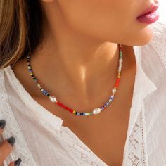 Bead Choker Necklace Colorful Bead Necklace Beach - Tecwwa Korean Fashion Colorful, Summer Choker, Bracelet Viking, Beach Necklaces, Beads Chain, Beaded Collar, Pearl Choker Necklace, Chain Choker Necklace, Beaded Choker Necklace