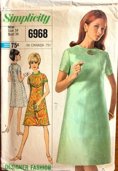 This is a cute 1960s one piece  dress pattern that is still stylish today!  It is a Simplicity pattern from my vintage sewing pattern collection. The 1960s designer dress pattern fits a size 14, Bust 34 The one piece designer dress pattern is collarless, with a princess line without side seams. The dress is lined and has a back band and button closing, lowered round neckline and short set in sleeves. The envelope is in good condition; the pattern pieces have been cut but are all there. Review im Simple Dress Bodice Pattern, Princess Line Dress Pattern, Dress Bodice Pattern, One Piece Dress Pattern, 1968 Fashion, Dress Pattern Vintage, Princess Line Dress, 1960s Patterns, New Look Patterns