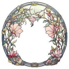 a circular stained glass window with pink flowers and vines on the outside, surrounded by leaves