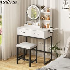 a white dressing table with a mirror and stool next to a window in a bedroom