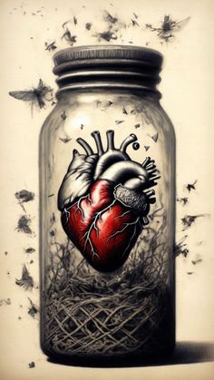 a drawing of a heart in a jar