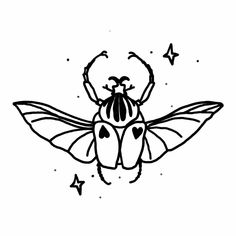 a black and white drawing of a bug with stars on it's back legs