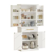 a white kitchen cabinet with open shelves and dishes on it's sides, in front of a white background