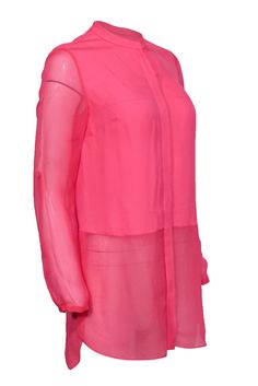 Co colorfully crisp with this Elie Tahari blouse! Made with super soft silk and a vibrant hot pink hue, this sheer stunner is sure to get you noticed at your next big meeting or networking event. Complete your look with sleek slacks and your best blazer and you'll be looking totally posh and polished! Size XS 100% Silk Front button-up closure Unlined Round neckline Long sleeve Sheer hem and sleeves Decorative buttons on sleeves Slits on sides of hem Bust 36" Waist 34" Sleeve length 22" Shoulder Pink Blouse With Sheer Sleeves For Spring, Pink Sheer Sleeves Blouse For Spring, Chic Pink Blouse With Sheer Sleeves, Pink Spring Blouse For Layering, Pink Blouse For Spring Layering, Spring Pink Blouse For Layering, Elegant Pink Blouse With Sheer Sleeves, Long Sleeve Pink Blouse For Layering, Summer Layering Pink Blouse