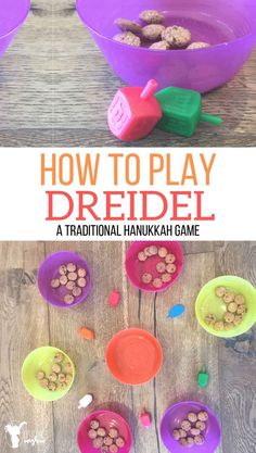 two pictures with the words how to play dreiel in front of some bowls