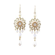 "These Chandelier bridal earrings with their impressive and unique appearance are perfect as an elegant fashionable statement! Wear these Wedding day earrings with your hair up or down, with a wedding maxi dress and they will always help you shine and dazzle. Made by hand, from lacquer coated brass flowers, Swarovski Rivoli 8mm, Swarovski pearls and beads 3-5mm, pearl drop, Miyuki round seed beads, Miyuki Delica beads, and 14k goldfilled ear-wire * If you chose the sterling silver option, all th Handmade Gold-plated Chandelier Earrings For Wedding, Bohemian Gold Chandelier Earrings, Bohemian Chandelier Pearl Drop Earrings, Elegant Beaded Brass Chandelier Earrings, Wedding Day Earrings, Wedding Maxi Dress, Bridal Earrings Statement, Gold Filigree Bohemian Chandelier Earrings, Boho Bridal Earrings