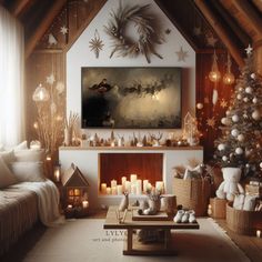 a living room decorated for christmas with candles and decorations on the fireplace mantels