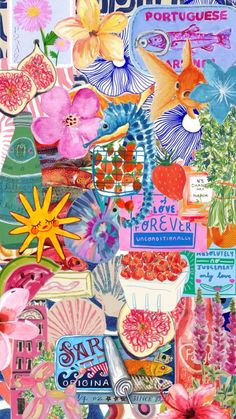 a collage of flowers, plants and other things in pink blue green yellow orange