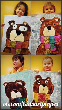 four pictures of children holding up teddy bears with their faces painted in different colors and shapes