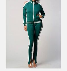 "Two piece green with white Stripe Tracksuit, 2 piece set Tracksuit Women, Street wear Comfortable Set, Casual Set Party Outfits for Women 💕This green tracksuit with a white stripe is an excellent choice for those who value versatility and have a particular color preference.  If you love a versatile tracksuit and prefer a color palette this one is for you! If you're a fan of multi-functional tracksuits and have a preference for specific color combinations, then this green tracksuit with a white Green Sporty Loungewear Sets, Green Fitted Two-piece Bottoms, Green Long Sleeve Sporty Sets, White Stretch Matching Sets, Green Two-piece Bottoms, Fitted Green Two-piece Set, Women Street Wear, Party Outfits For Women, Womens Sports