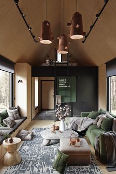 a living room filled with lots of furniture next to large windows and wooden ceiling beams