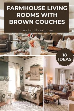 farmhouse living rooms with brown couches are featured in this postcard style photo collage