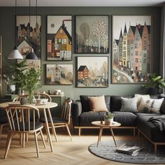 a living room filled with furniture and pictures on the wall