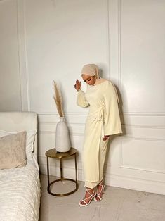 Cream Wrap Waist Linen Dress – ShopFatimaDiallo Wrap Waist Dress, Dresses Everyday, Modest Outfits Muslim, Outfits Muslim, Mode Turban, Crepe Material, Dress Muslim, Mode Abaya, Wrap Dresses