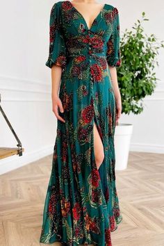 Retro Wedding Guest Outfit, Hippie Elegante Boho Style, Long Sleeve Floral Midi Dress, Emerald Style, Stil Boho, Looks Street Style