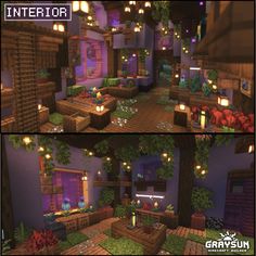 the interior and exterior of a house in minecraft with plants, lights, and furniture