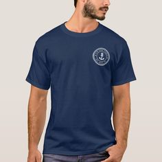 Show off your captain (or first mate) status with this cool custom shirt. Classic nautical design features your boat name and ship's registry curved inside a rope logo badge with an anchor illustration in the center. Design appears at the front pocket area and on the back. Calligraphy T, Boat Names, Boat Captain, Skull Clothing, Nautical Anchor, Beach T Shirts, Praise God, Circle Design, Blue Gender