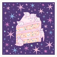 a piece of cake with cats on it and stars in the sky around it, as well as pink frosting