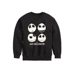 a black sweatshirt with jack skellington faces on the front and back, in white