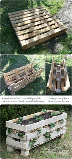 several different pictures of wooden pallets with plants growing in them and the bottom one is made out of wood