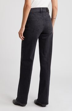 The perfect mix of casual and sophisticated, these superhigh-rise jeans flaunt full-length straight legs that are creased for trouser-inspired style.  32" inseam; 21" leg opening; 11 3/4" front rise; 16" back rise (size 29) Zip fly with button closure Five-pocket style 94% cotton, 5% polyester, 1% elastane Machine wash, line dry Imported Modern Workwear Cropped Jeans With Straight Leg, Modern Cropped Straight Leg Jeans For Work, Modern Straight Leg Cropped Jeans For Work, Modern High Rise Cropped Jeans For Workwear, Mid-rise Mom Jeans For Work, Chic Dark Wash Straight Bottoms, Trendy Straight Silhouette Bottoms With Five Pockets, Classic Mom Fit Straight Bottoms, Chic Mom Fit Cropped Straight Leg Jeans