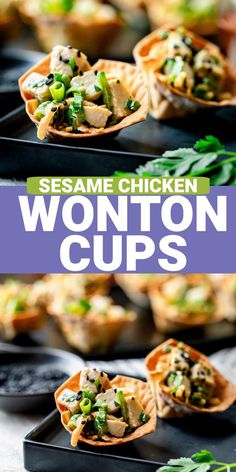 some chicken wonton cups are on a black plate