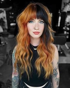 Gave Framing Haircut, Fashion Colors Hair Ideas, Blonde And Brunette Color Block Hair, Alternative Haircuts Medium Straight Hair, Black And Strawberry Blonde Hair, Quadrant Hair Color, Copper And Black Hair