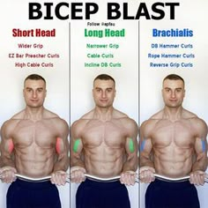 three different pictures of a man with no shirt on, showing his bicep blast