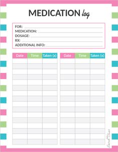 the medication log is shown in pink, green and blue striped paper with words on it