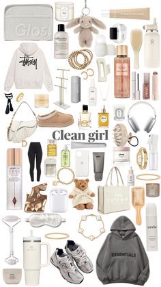 a collage of clean girl items including shoes, handbags and other personal care products