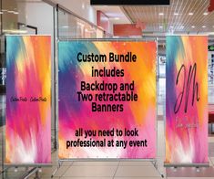 two roll up banners with the words custom bundle includes back drop and retractable banners