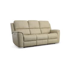 the reclining sofa is shown with two seats and one arm rests on it's back