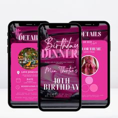 three cell phones displaying the menus for birthday dinner and other items in pink colors