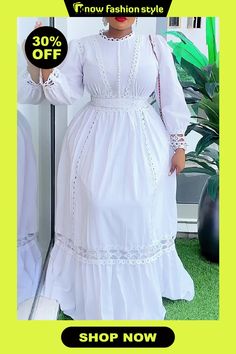 knowfashionstyle White Lace Trim O Neck Puff Long Sleeve Cinched Waist A-Line Ruffled Hem Plus Size Formal Lace Maxi Dress Plus Size Formal, Long Sleeve Dress Formal, Puff Long Sleeves, Plus Size Maxi, Maxi Dress Online, Lace Maxi, Maxi Gowns, Plus Size Maxi Dresses, Lace Maxi Dress