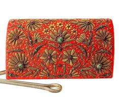 Orange velvet clutch bag embroidered with metallic copper flowers and embellished with star rubes, zardozi evening bag, gold tone strap, side view. Statement Clutch Bag, Modern Clutch, Embellished Purses, Green Onyx Stone, Statement Clutch, Silk Purse, Pattern Purse, Velvet Clutch, Orange Velvet