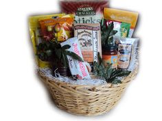 a basket filled with lots of food and condiments