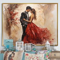 a painting of a couple kissing in front of a wall hanging above a bed with pillows on it