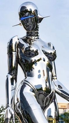 a large shiny metal statue sitting on top of a lush green field