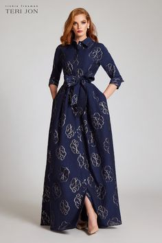 Let this be your go-to evening shirtdress for any formal occasion! The ¾ sleeves provide a sense of timeless charm and comfort, allowing you to wear this dress with ease throughout the party. The structured waist with a belt adds definition, ensuring a flattering silhouette. Featuring a mesmerizing navy and gold flower Gold Flower Pattern, Dresses With Flowers, Jacquard Shirt, Evening Party Gowns, Guest Attire, Dream Dresses, Evening Formal, Navy Gold, Evening Gowns Formal