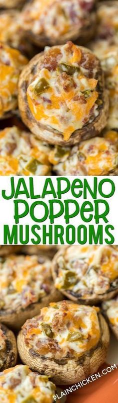 there are several different types of food on the plate and in the background is an advertisement for jalapeno popper mushrooms