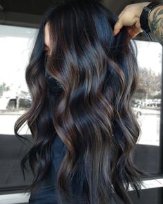 Long Dark Dimensional Hair, Chocolate Brown Hair With Black Lowlights, Dark Hair Balayage Ideas, Dark Root Brunette Balayage, Cool Toned Brunette With Highlights, Dark Brunette Dimensional Hair, Black Dimensional Hair, Dark Hair Balyage, Dark Brown Caramel Balayage