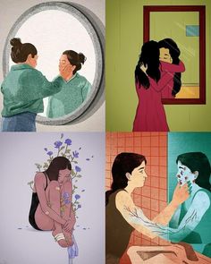 four different pictures with people in the bathroom and one is brushing her hair while another woman looks at herself