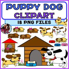 the puppy dog clipart is shown in purple and white with pictures of puppies