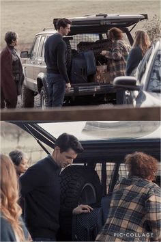 two pictures of people standing in front of a truck with luggage on the back, and one has a woman looking at her cell phone